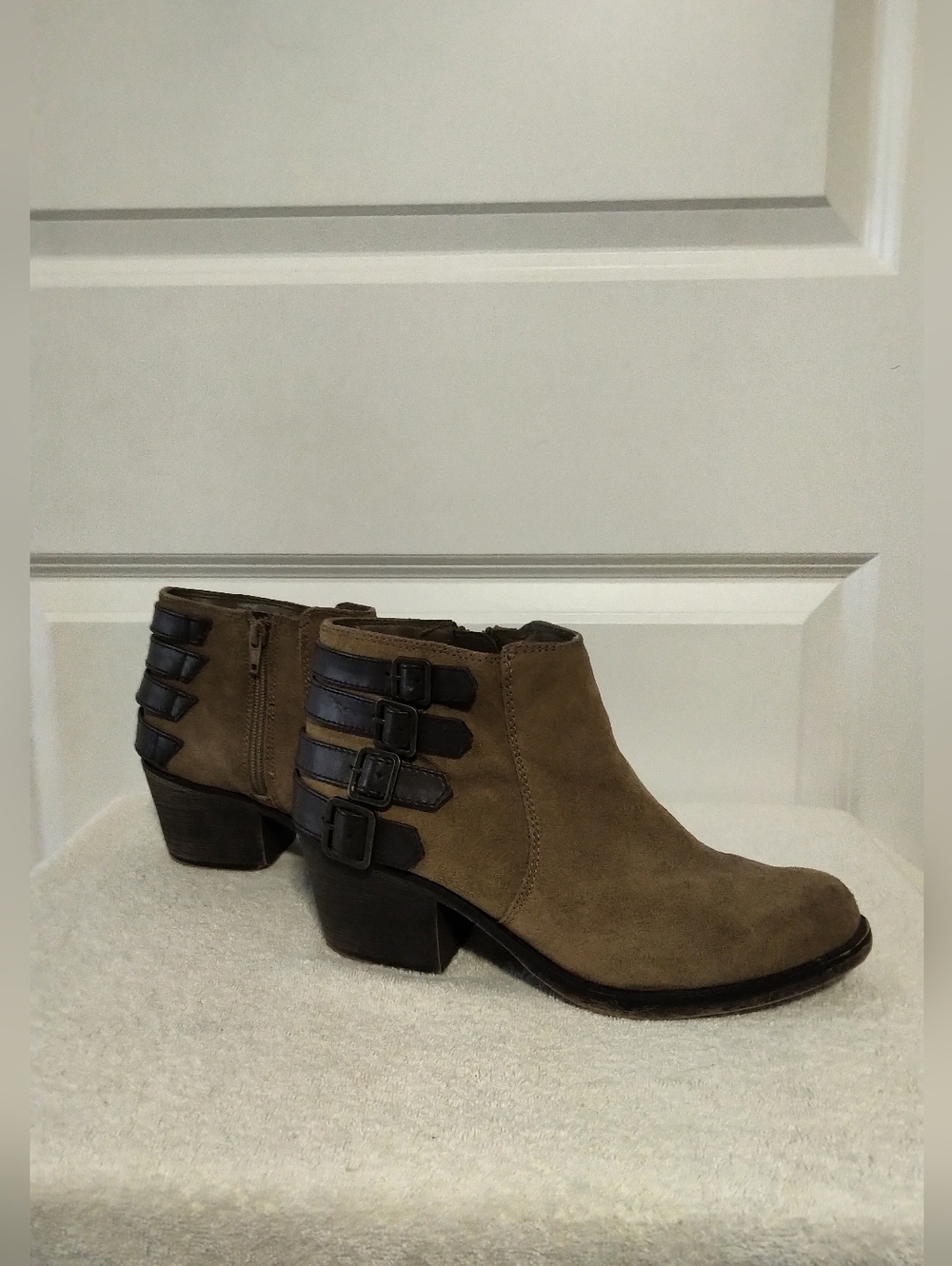 Suede Buckle Ankle Boots in Taupe- Size 9